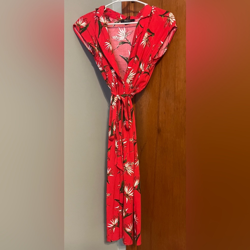 Red Belted Floral Wrap Dress
